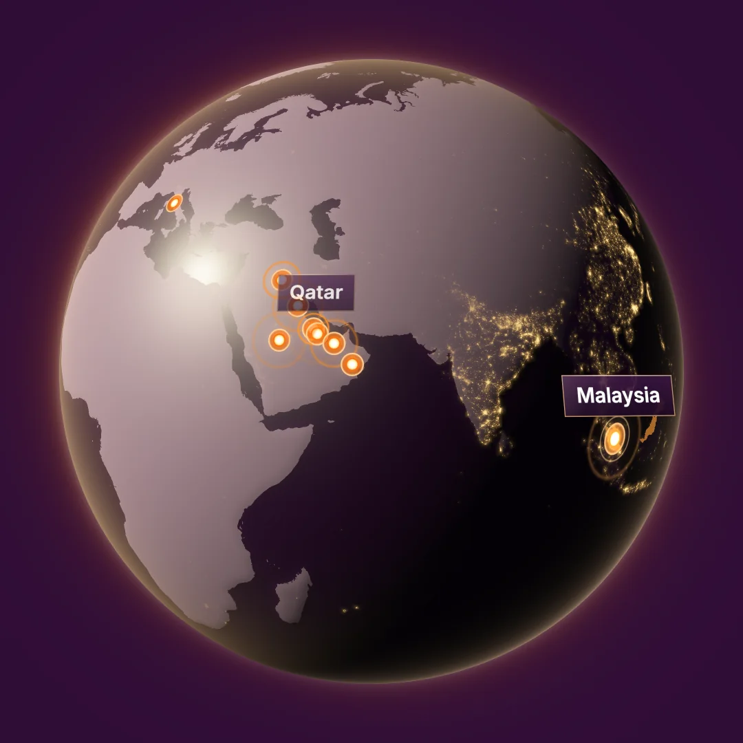 A globe turned to South-East Asia and the Gulf, with Malaysia and the markets we ship to marked in orange